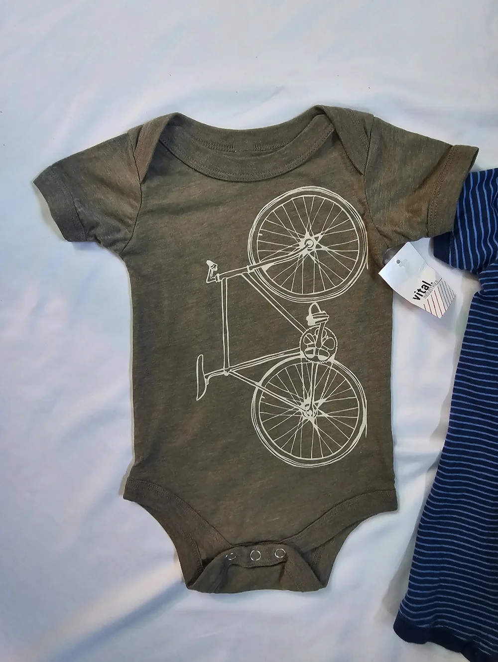 Set Of 6-12 Month Unisex One Pieces- Green Bicycle Onesie NWT & Striped Romper